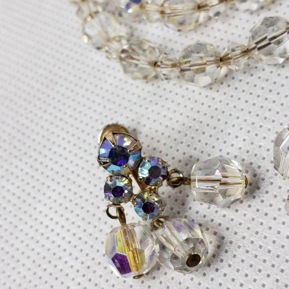 Vintage Crystal Tri-Bead Earrings, Wrap Bracelet Screw Back Gold Tone AB Rhines - Picture 6 of 11